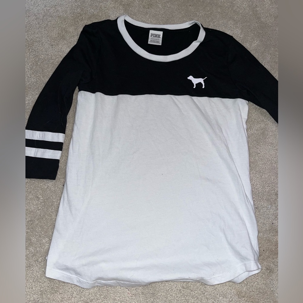 PINK, Black & White Cropped Sleeve Long Sleeve, Size XS